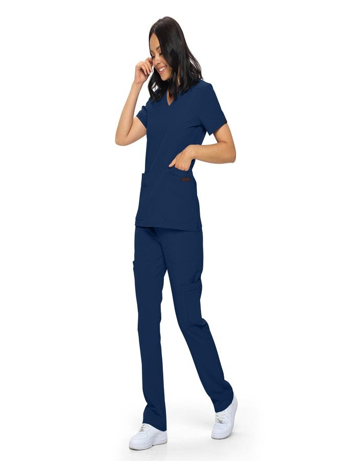 MONARCH UNIFORMS طقم ملابس طبية من مونارك يونيفورمز، متوفر بمقاسات عادية وصغيرة، مصنوع من قماش مطاطي للنساء. يتكون الطقم من بلوزة وبنطال طبيين (أزرق داكن) - مقاس 3XL - Image 4